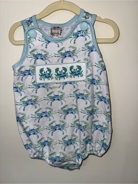 Smocked Crab Tank One-Piece Romper - Light Blue